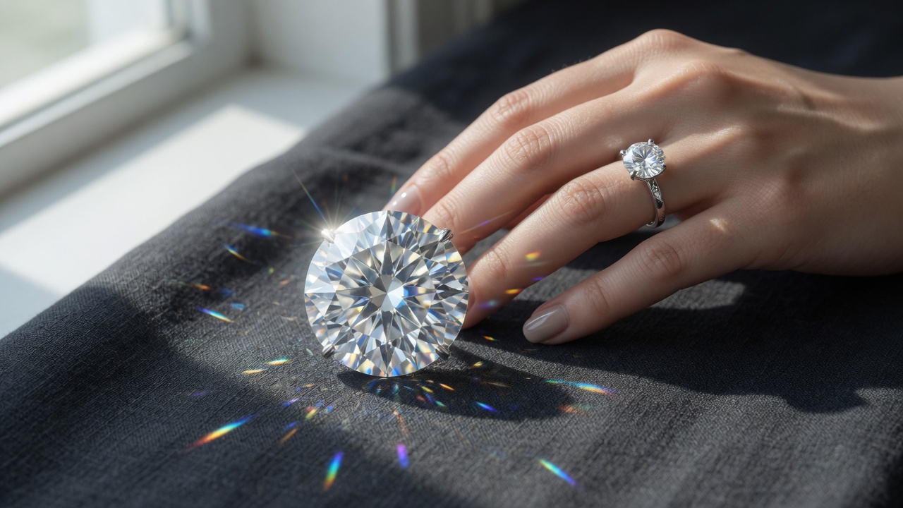 A round moissanite solitaire on a hand, photographed in low light